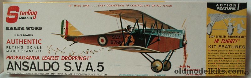 Sterling Ansaldo S.V.A. 5 That Drops Leaflets in Flight - 19 Inch Wingspan R/C / Freeflight / Control Line Aircraft - (SVA-5), A18 plastic model kit